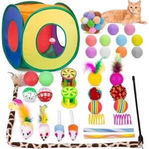 33PCS Cat Toys Set with Rainbow Tunnel, Feather Wand, Balls, Mice & Springs Kit